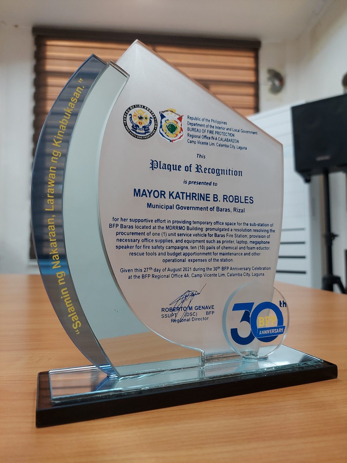 Plaque of Recognition for Mayor Robles – Municipality of Baras, Rizal ...